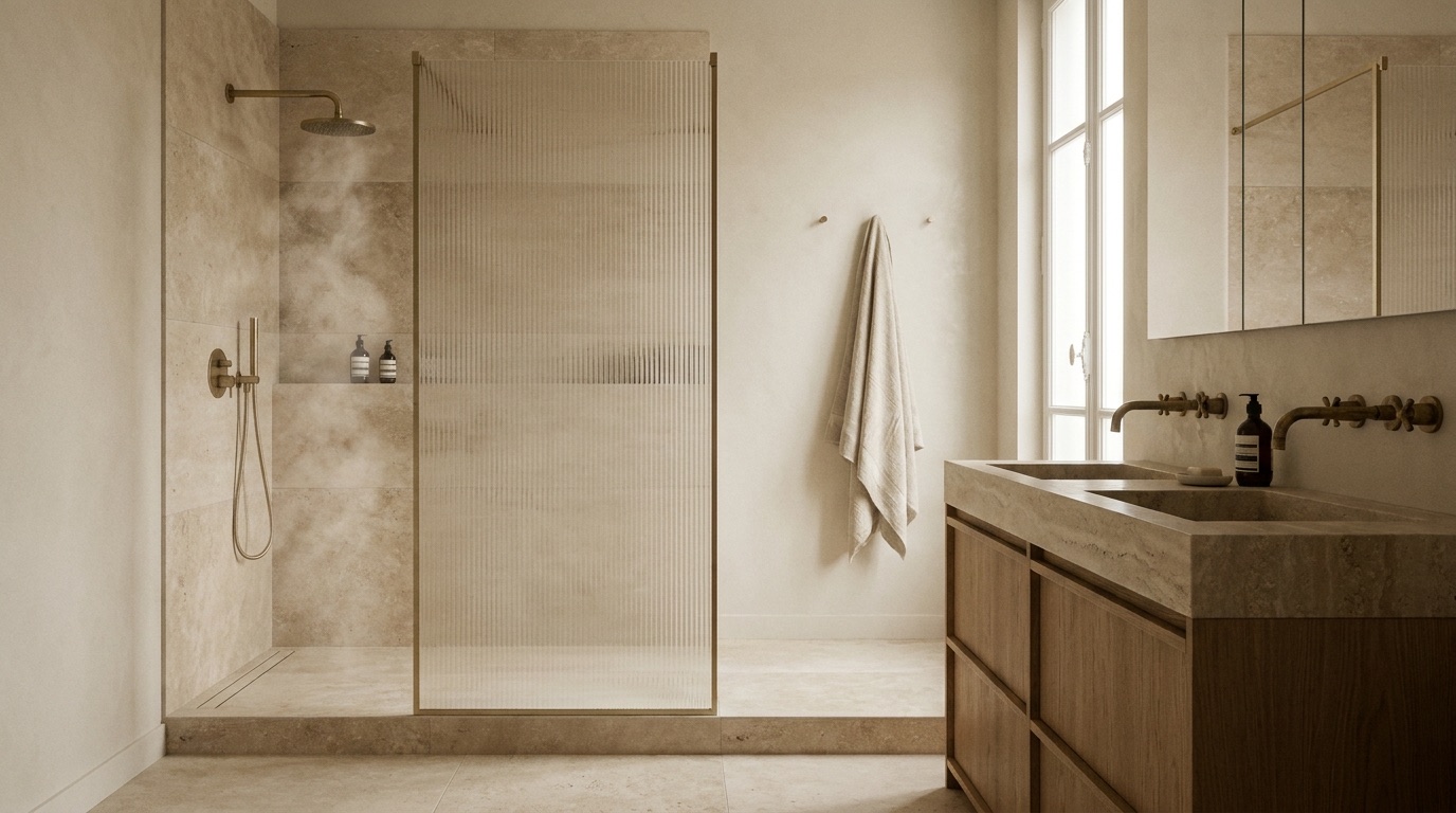 Salle de bain rénovée par EREM : douche italienne, travertin et laiton brossé